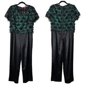 NEW LAFFAIRE Wispy Fringe Metallic Green Top Black Satin Bottom Jumpsuit